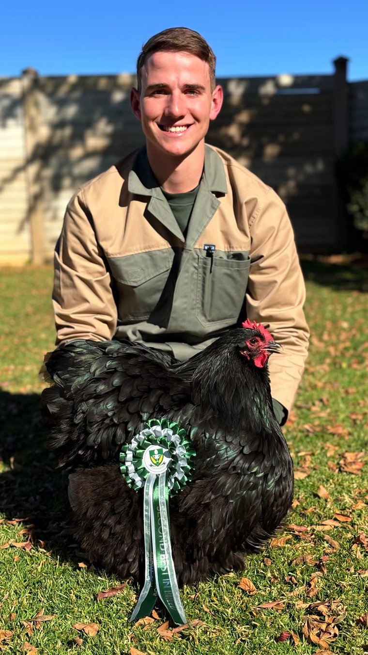 Jan Harm holding a champion black hen with a winner's rosette at a poultry show